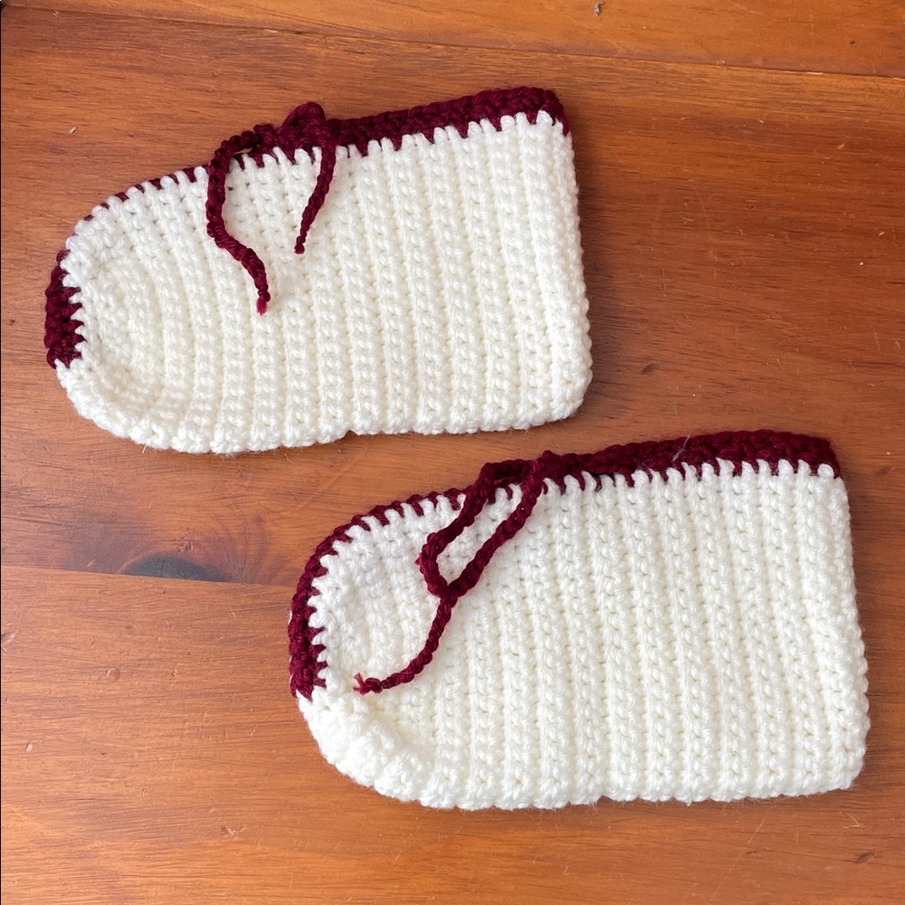 Handmade Crochet Slippers in Cream and Burgundy
